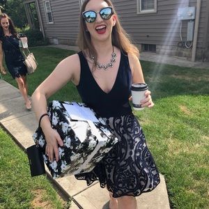 Xscape Navy Deep V-Neck Fit & Flare Mini Dress